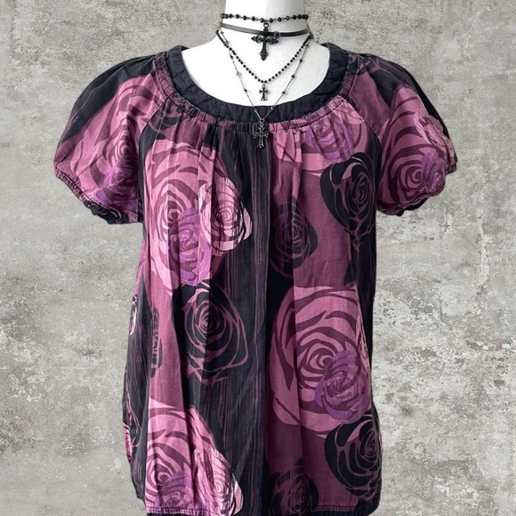 a.n.a Whimsy Floral Cotton Puffy Sleeve Blouse Size Large - Picture 5 of 7